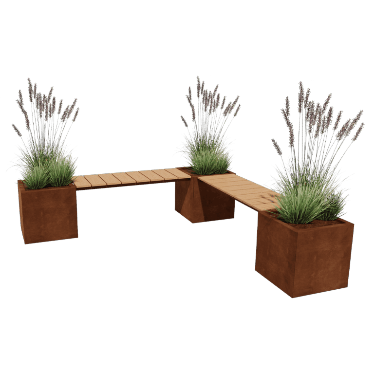 Cortenstål plantekasse - Firkant - Hjørneopstilling - 221,2 x 221,2 x 50 cm - Med bænk