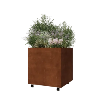 Cortenstål plantekasse - Firkant - 70 x 70 x 70 cm - Med bundplade - Met hjul
