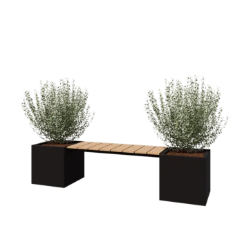 Stål plantekasse - Firkant - 221,2 x 50 x 50 cm - RAL9005 mat (sort) - Med bundplade - Med bænk