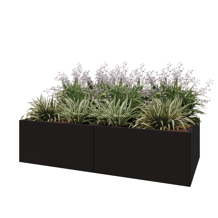 Stål plantekasse XXL - Rektangel - 200 x 100 x 50 cm - RAL9005 mat (sort) - Uden bundplade