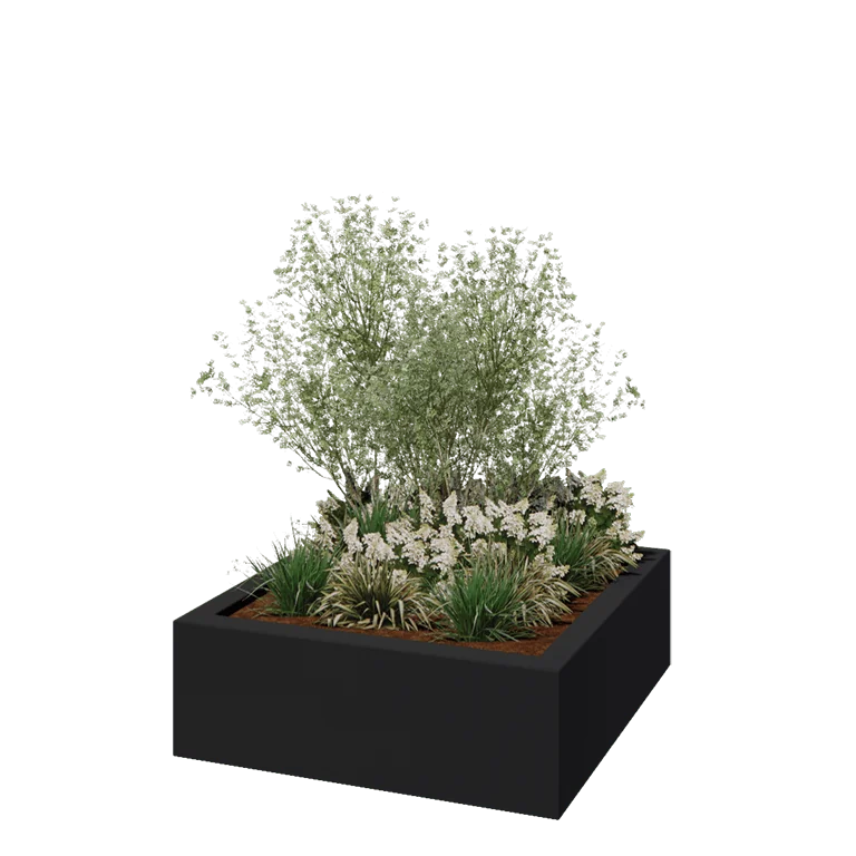 Plantekasse i glasfiber - Kvadratisk - 120 x 120 x 40 cm - RAL7021 mat (sortgrå) - Med bund