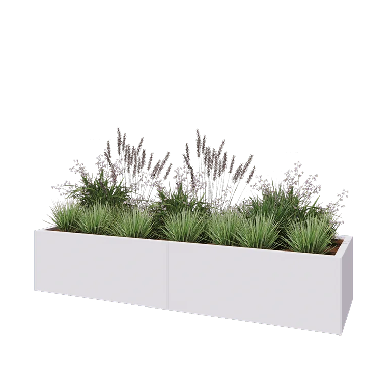 Stål plantekasse XXL - Rektangel - 200 x 60 x 40 cm - RAL9010 mat (hvid) - Med bundplade
