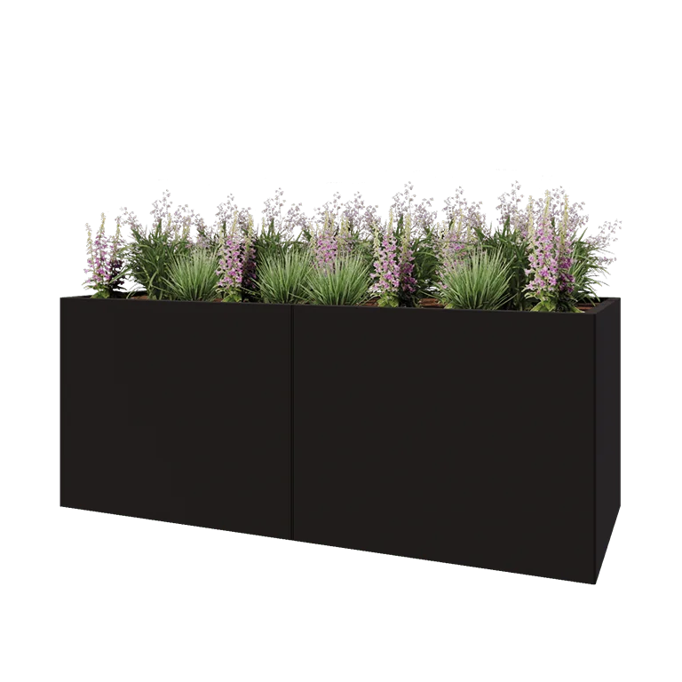 Stål plantekasse XXL - Rektangel - 200 x 80 x 80 cm - RAL9005 mat (sort) - Med bundplade