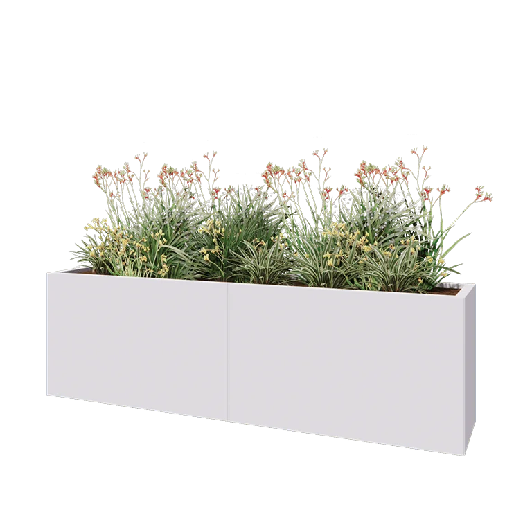 Stål plantekasse XXL - Rektangel - 200 x 40 x 60 cm - RAL9010 mat (hvid) - Med bundplade