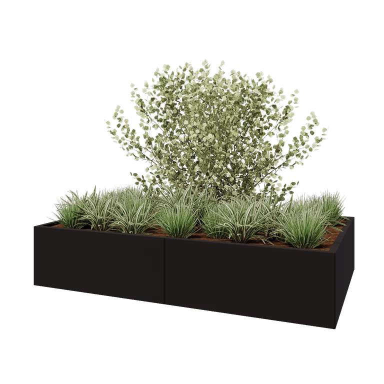 Stål plantekasse XXL - Rektangel - 200 x 120 x 40 cm - RAL9005 mat (sort) - Med bundplade