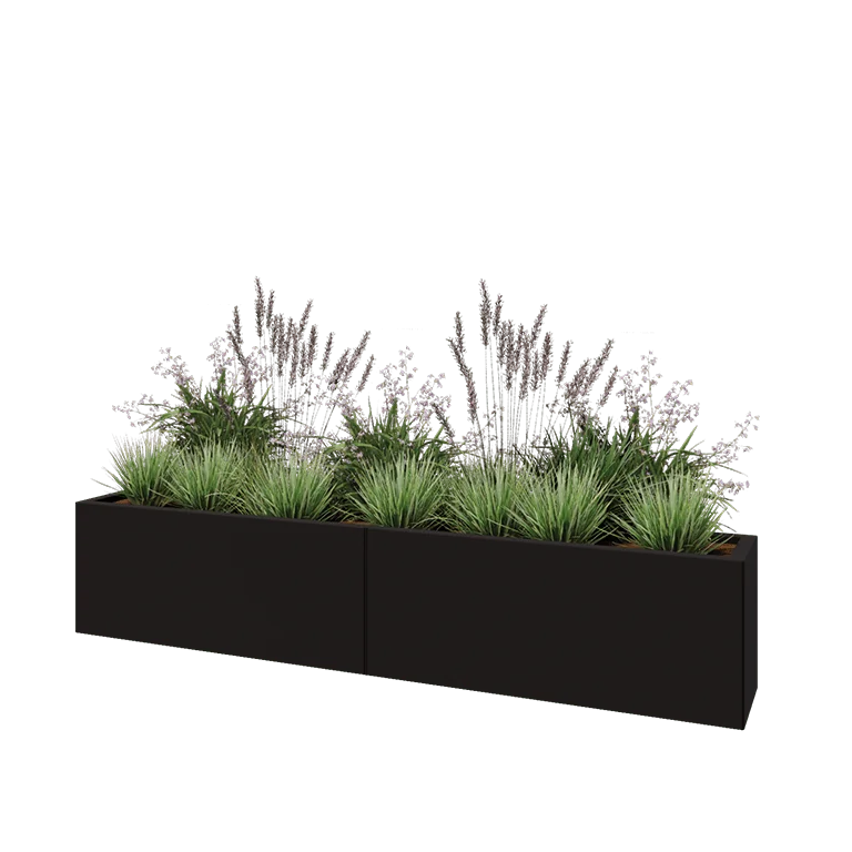 Stål plantekasse XXL - Rektangel - 200 x 30 x 40 cm - RAL9005 mat (sort) - Uden bundplade