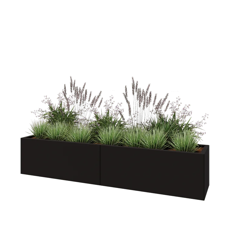 Stål plantekasse XXL - Rektangel - 200 x 40 x 40 cm - RAL9005 mat (sort) - Uden bundplade