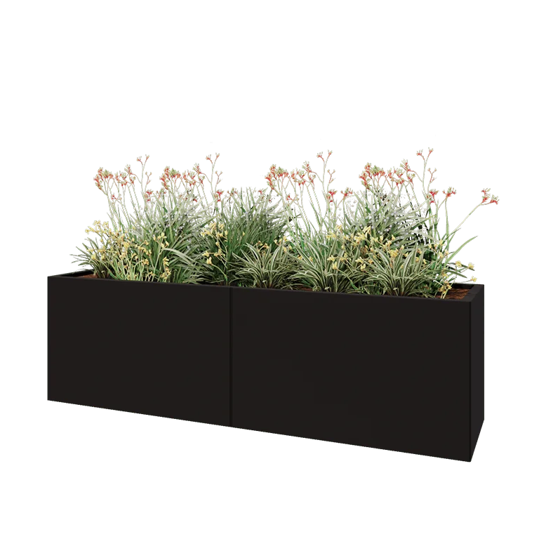 Stål plantekasse XXL - Rektangel - 200 x 50 x 60 cm - RAL9005 mat (sort) - Uden bundplade