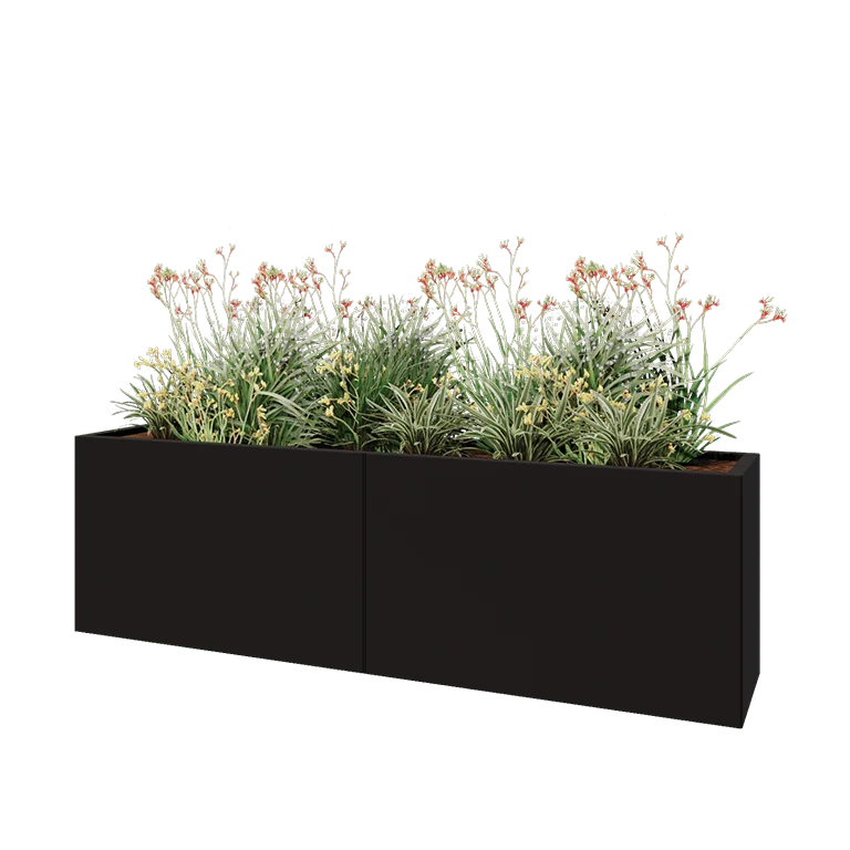 Stål plantekasse XXL - Rektangel - 200 x 40 x 60 cm - RAL9005 mat (sort) - Uden bundplade