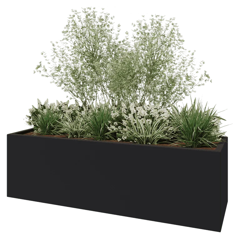 Plantekasse i glasfiber - Rektangel - 200 x 60 x 60 cm - RAL7021 mat (sortgrå) - Med bund