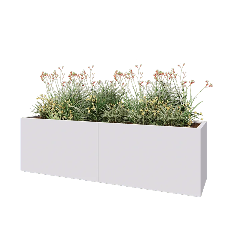 Stål plantekasse XXL - Rektangel - 200 x 50 x 60 cm - RAL9010 mat (hvid) - Med bundplade