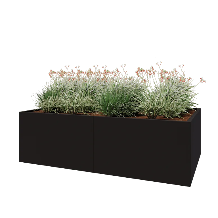 Stål plantekasse XXL - Rektangel - 200 x 120 x 60 cm - RAL9005 mat (sort) - Med bundplade
