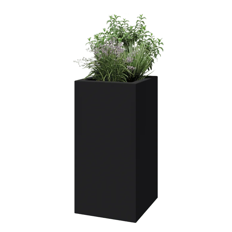 Plantekasse i glasfiber - Kvadratisk - 50 x 50 x 100 cm - RAL7021 mat (sortgrå) - Med bund