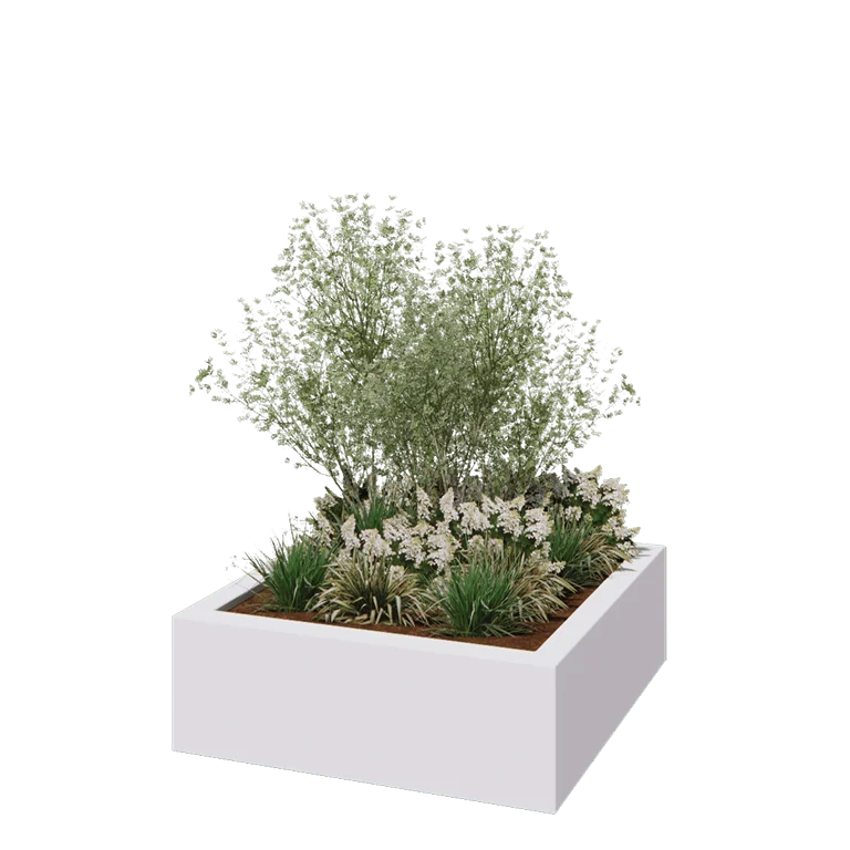Plantekasse i glasfiber - Kvadratisk - 120 x 120 x 40 cm - RAL9010 mat (hvid) - Med bund