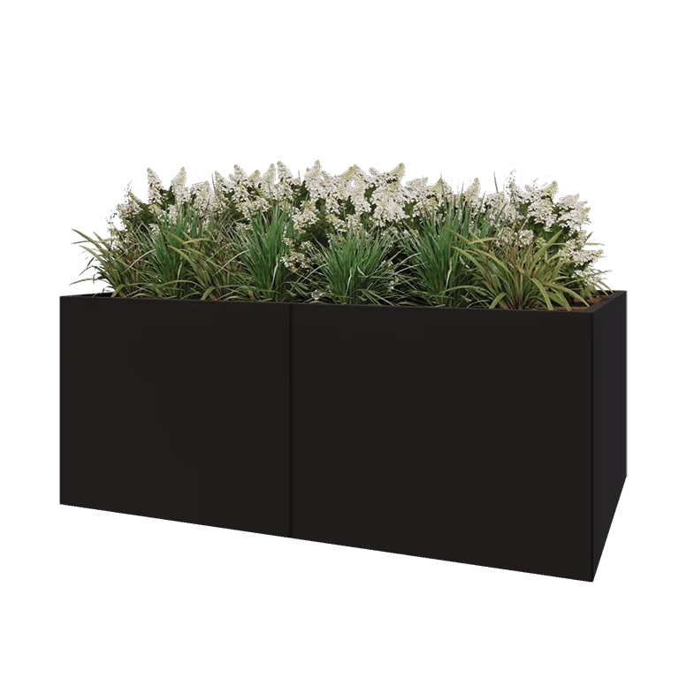 Stål plantekasse XXL - Rektangel - 200 x 120 x 80 cm - RAL9005 mat (sort) - Med bundplade