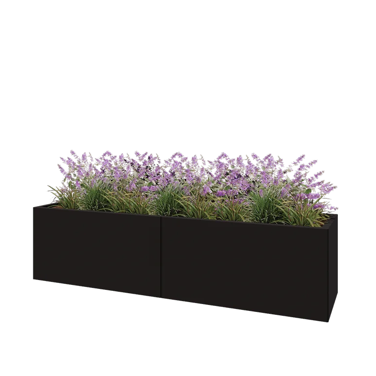 Stål plantekasse XXL - Rektangel - 200 x 50 x 50 cm - RAL9005 mat (sort) - Med bundplade