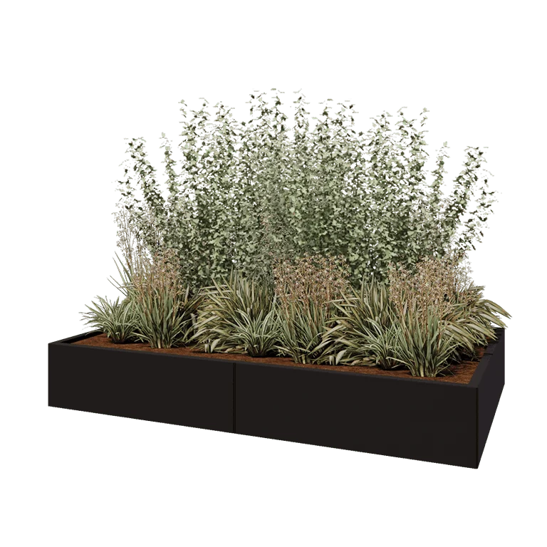 Stål plantekasse XXL - Rektangel - 200 x 120 x 30 cm - RAL9005 mat (sort) - Med bundplade