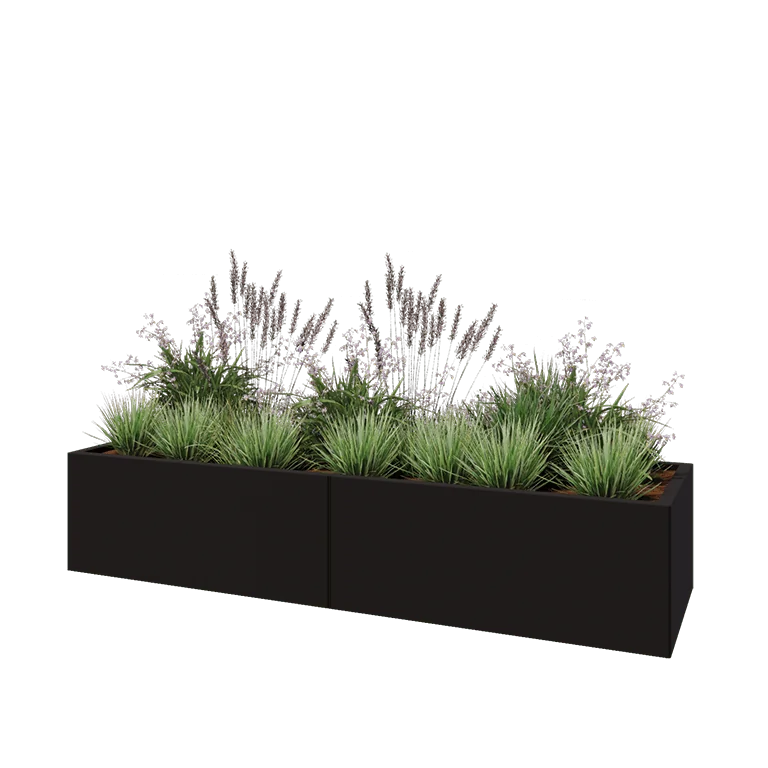 Stål plantekasse XXL - Rektangel - 200 x 60 x 40 cm - RAL9005 mat (sort) - Med bundplade