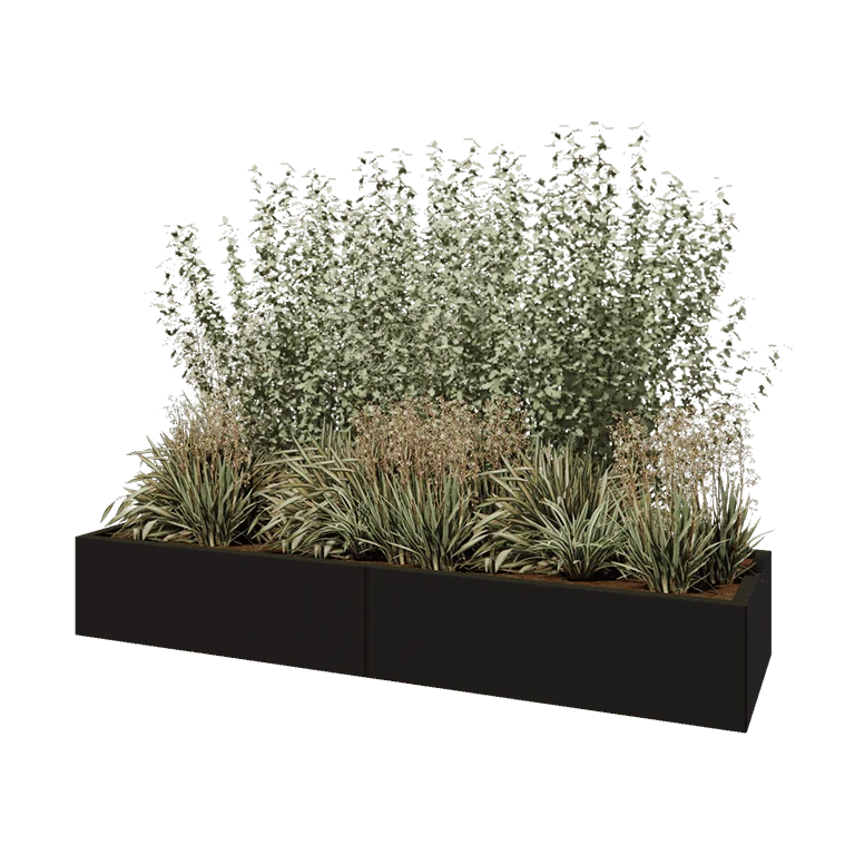 Stål plantekasse XXL - Rektangel - 200 x 60 x 30 cm - RAL9005 mat (sort) - Med bundplade