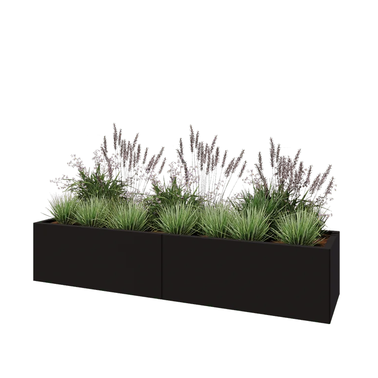 Stål plantekasse XXL - Rektangel - 200 x 50 x 40 cm - RAL9005 mat (sort) - Med bundplade