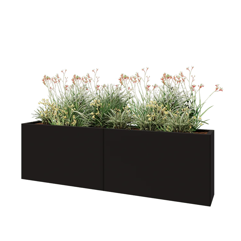 Stål plantekasse XXL - Rektangel - 200 x 30 x 60 cm - RAL9005 mat (sort) - Uden bundplade