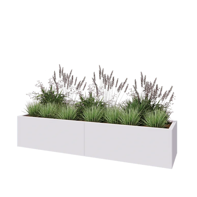 Stål plantekasse XXL - Rektangel - 200 x 50 x 40 cm - RAL9010 mat (hvid) - Med bundplade