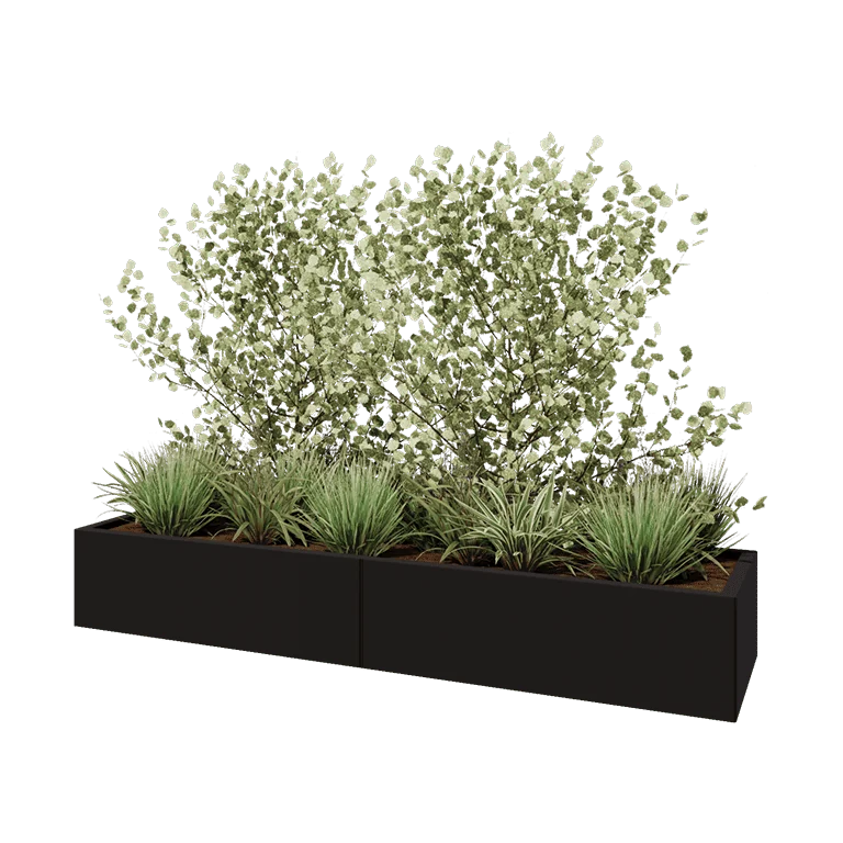 Stål plantekasse XXL - Rektangel - 200 x 50 x 30 cm - RAL9005 mat (sort) - Uden bundplade