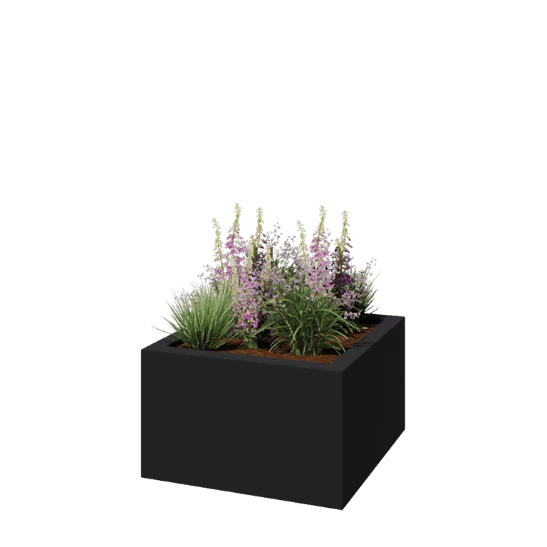 Plantekasse i glasfiber - Kvadratisk - 100 x 100 x 60 cm - RAL7021 mat (sortgrå) - Med bund