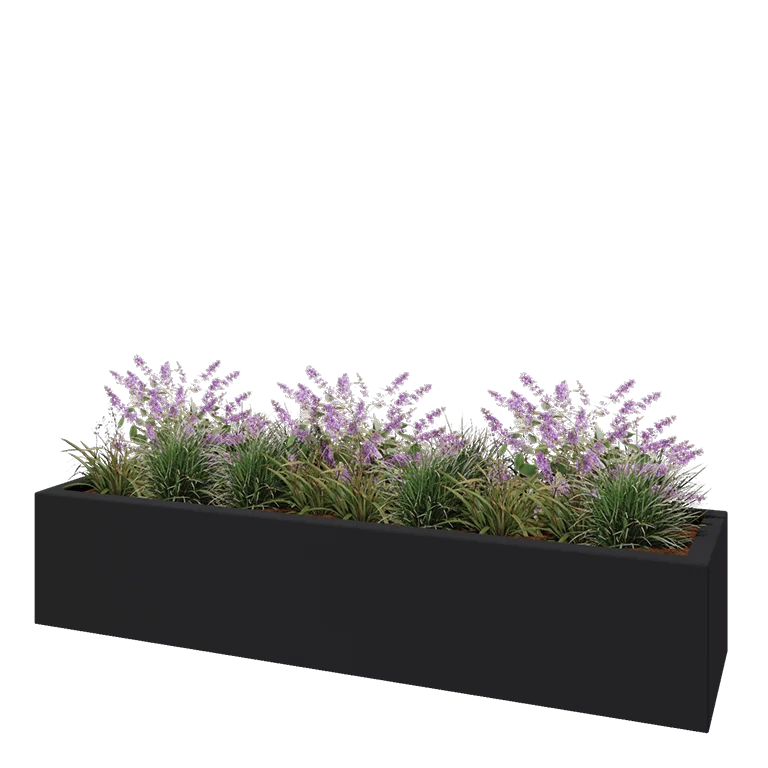 Plantekasse i glasfiber - Rektangel - 200 x 50 x 40 cm - RAL7021 mat (sortgrå) - Med bund