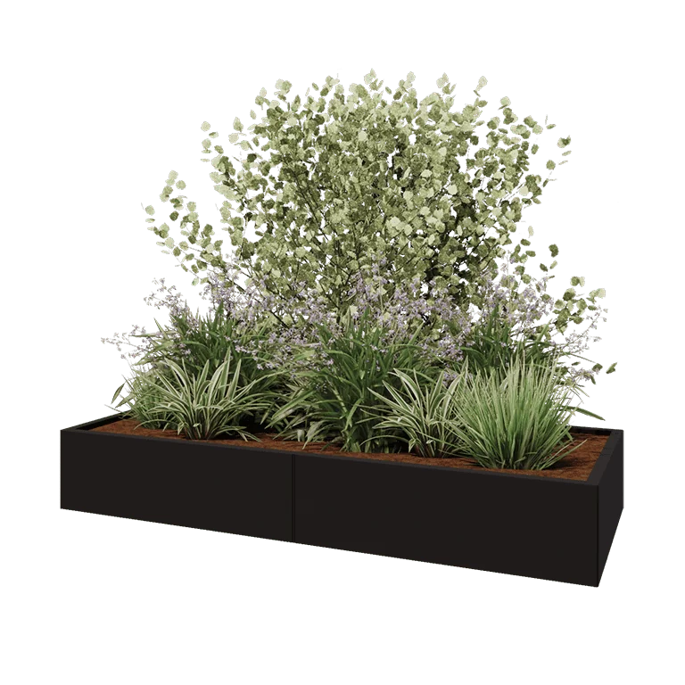 Stål plantekasse XXL - Rektangel - 200 x 80 x 30 cm - RAL9005 mat (sort) - Med bundplade