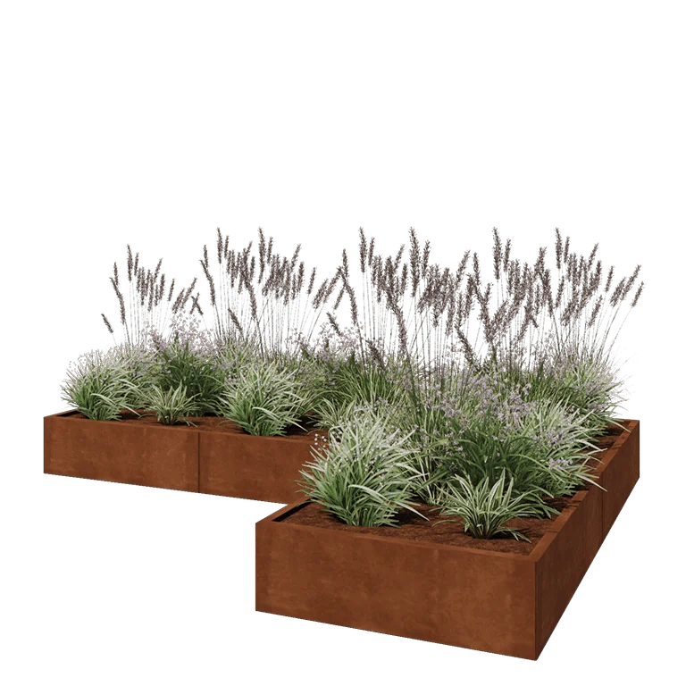 Cortenstål plantekasse - L-formet - 300 x 200 x 30 cm - Med bundplade