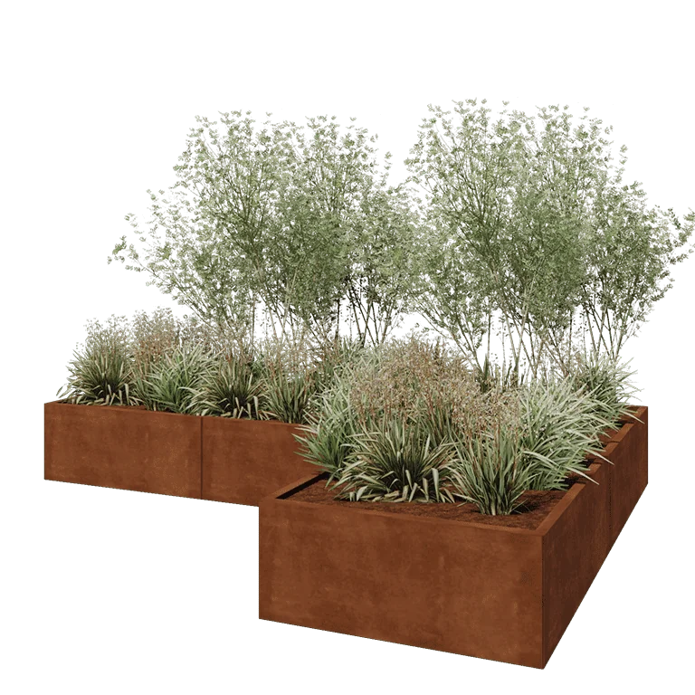 Cortenstål plantekasse - L-formet - 300 x 200 x 40 cm - Med bundplade