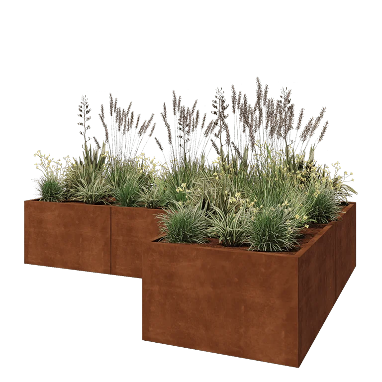 Cortenstål plantekasse - L-formet - 300 x 200 x 60 cm - Med bundplade