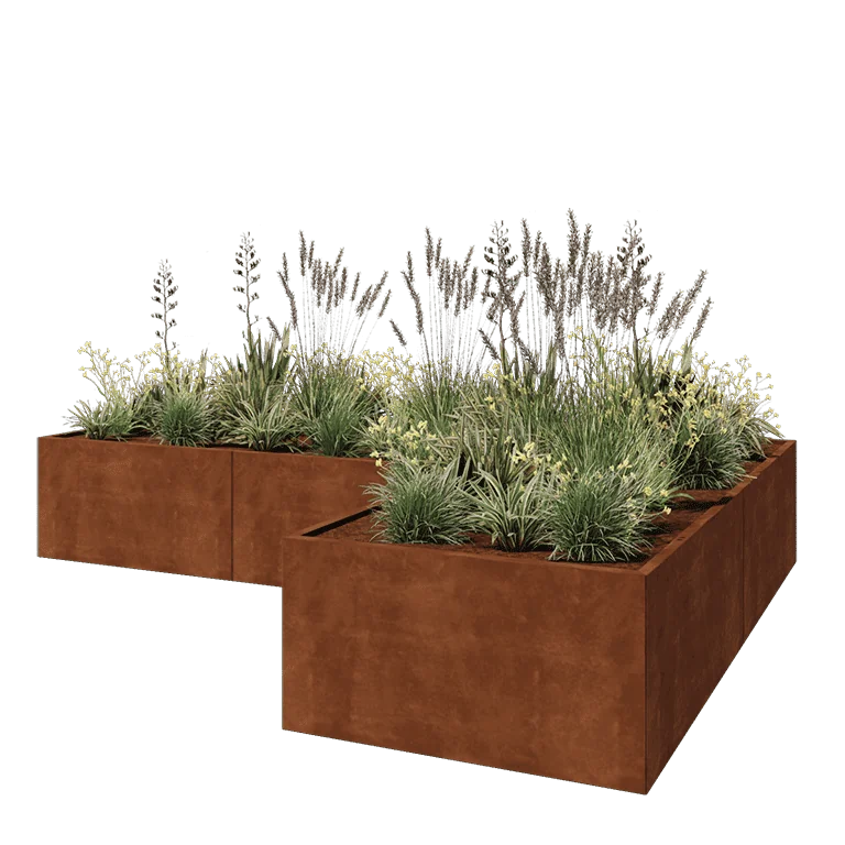 Cortenstål plantekasse - L-formet - 360 x 240 x 60 cm - Med bundplade