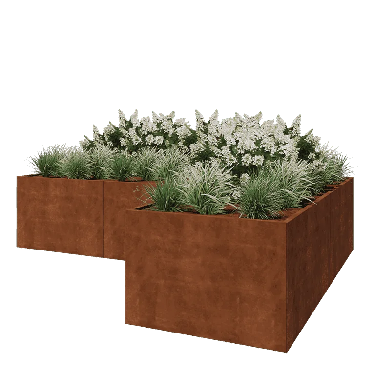 Cortenstål plantekasse - L-formet - 360 x 240 x 80 cm - Med bundplade