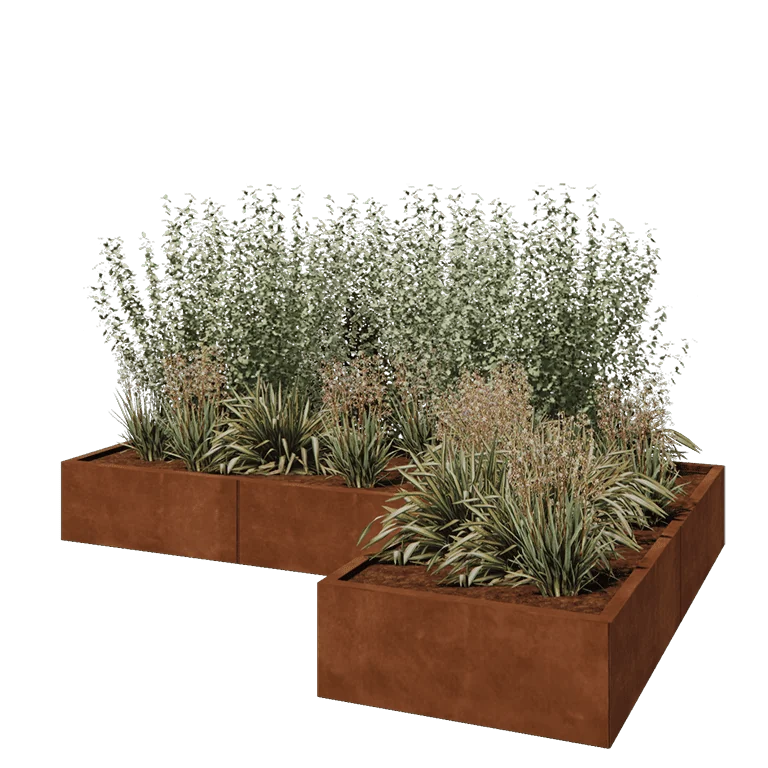 Cortenstål plantekasse - L-formet - 240 x 160 x 30 cm - Med bundplade
