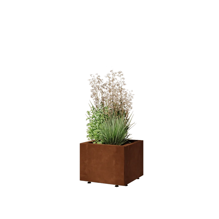 Cortenstål plantekasse - Firkant - 40 x 40 x 30 cm - Med bundplade - Med ben