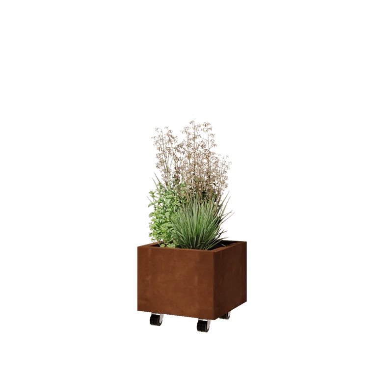 Cortenstål plantekasse - Firkant - 40 x 40 x 30 cm - Med bundplade - Met hjul