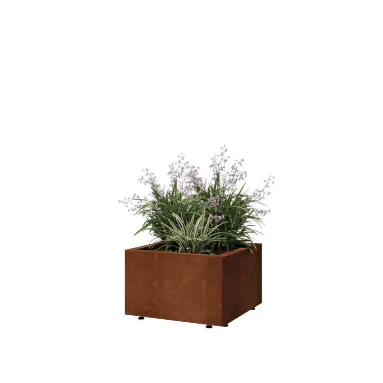 Cortenstål plantekasse - Firkant - 50 x 50 x 30 cm - Med bundplade - Med ben