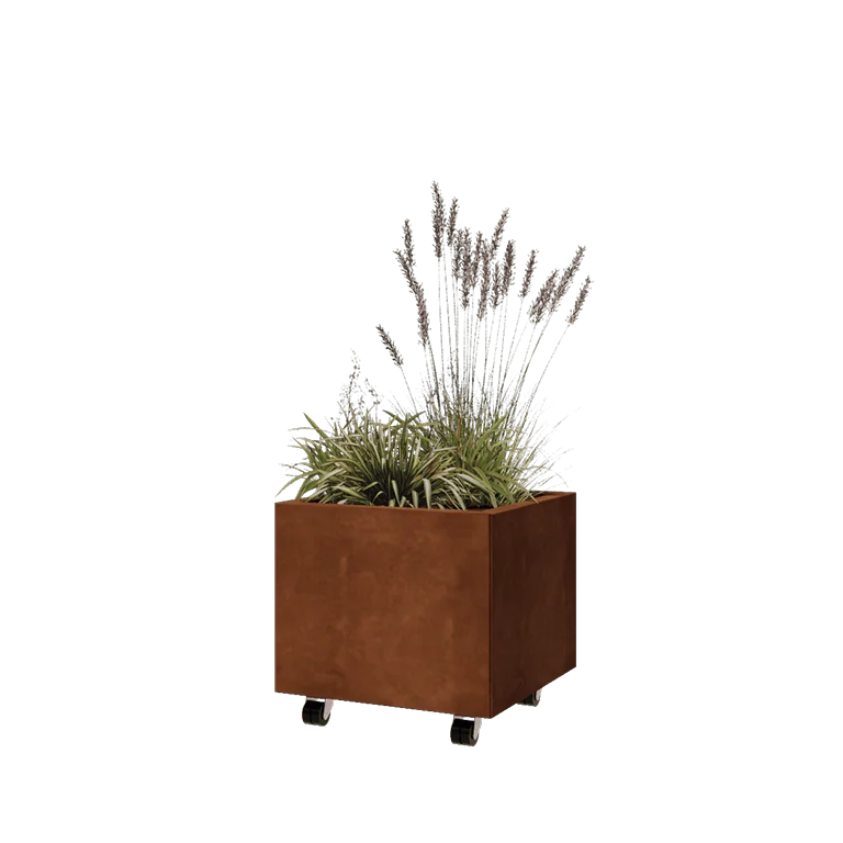 Cortenstål plantekasse - Firkant - 50 x 50 x 40 cm - Med bundplade - Met hjul