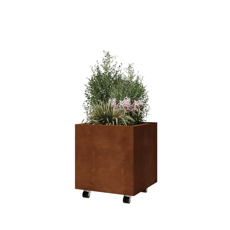 Cortenstål plantekasse - Firkant - 50 x 50 x 50 cm - Med bundplade - Met hjul
