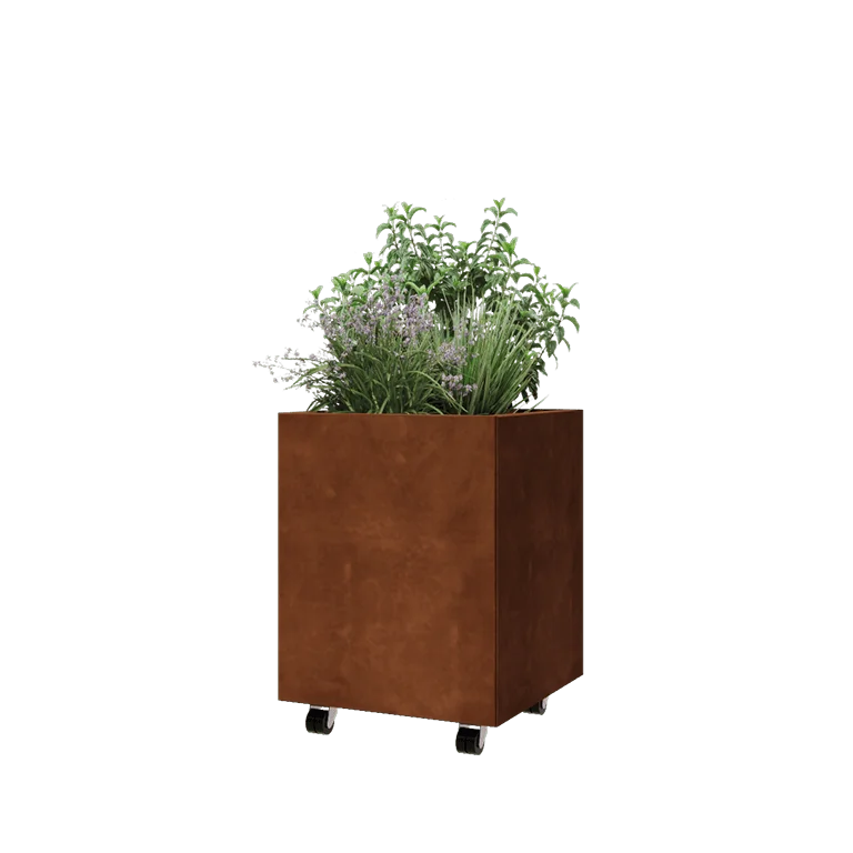 Cortenstål plantekasse - Firkant - 50 x 50 x 60 cm - Med bundplade - Met hjul