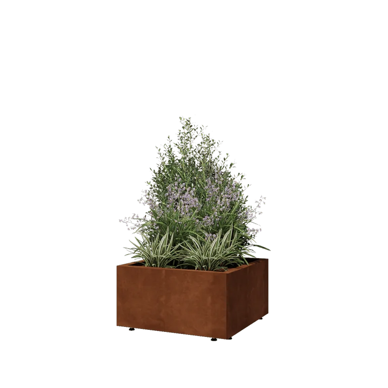 Cortenstål plantekasse - Firkant - 60 x 60 x 30 cm - Med bundplade - Med ben