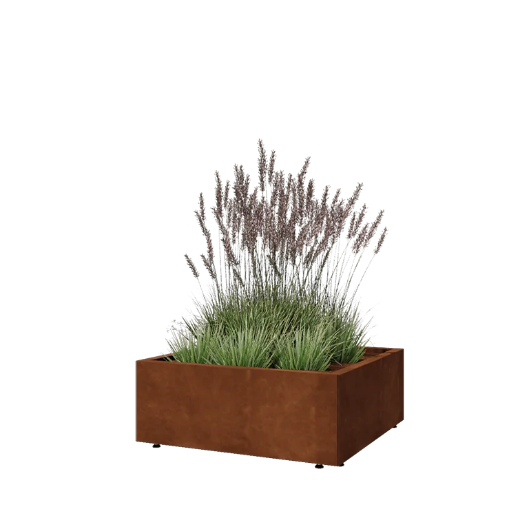 Cortenstål plantekasse - Firkant - 80 x 80 x 30 cm - Med bundplade - Med ben