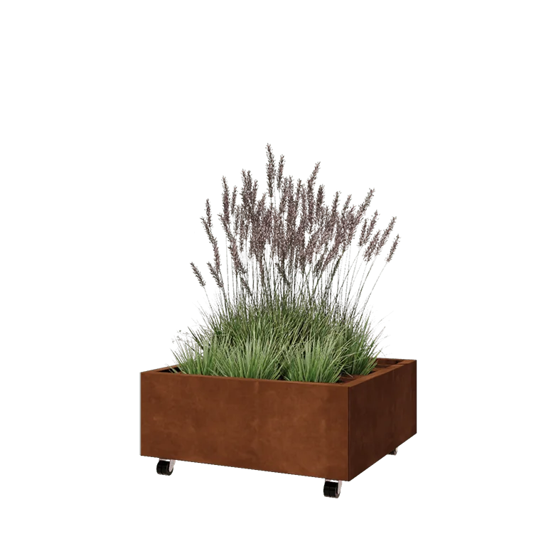 Cortenstål plantekasse - Firkant - 80 x 80 x 30 cm - Med bundplade - Met hjul