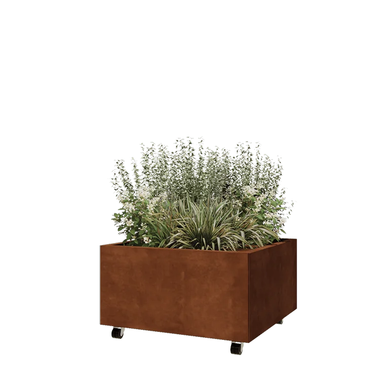 Cortenstål plantekasse - Firkant - 80 x 80 x 40 cm - Med bundplade - Met hjul
