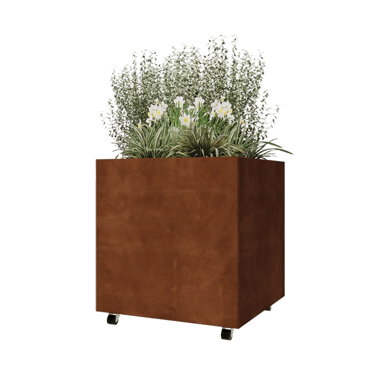 Cortenstål plantekasse - Firkant - 80 x 80 x 80 cm - Med bundplade - Met hjul