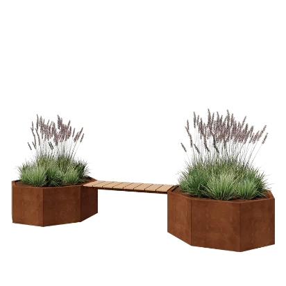 Cortenstål plantekasse - Ottekant - 362,6 x 120,7 x 50 cm - Med bænk - Uden bundplade