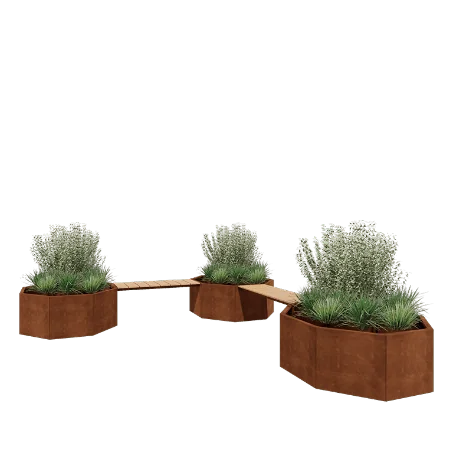 Cortenstål plantekasse - Ottekant - Hjørneopstilling - 362,6 x 120,7 x 50 cm - Med bænk - Uden bundplade