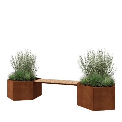 Cortenstål plantekasse - Sekshjørne - 294,4 x 99,3 x 50 cm - Med bænk - Uden bundplade